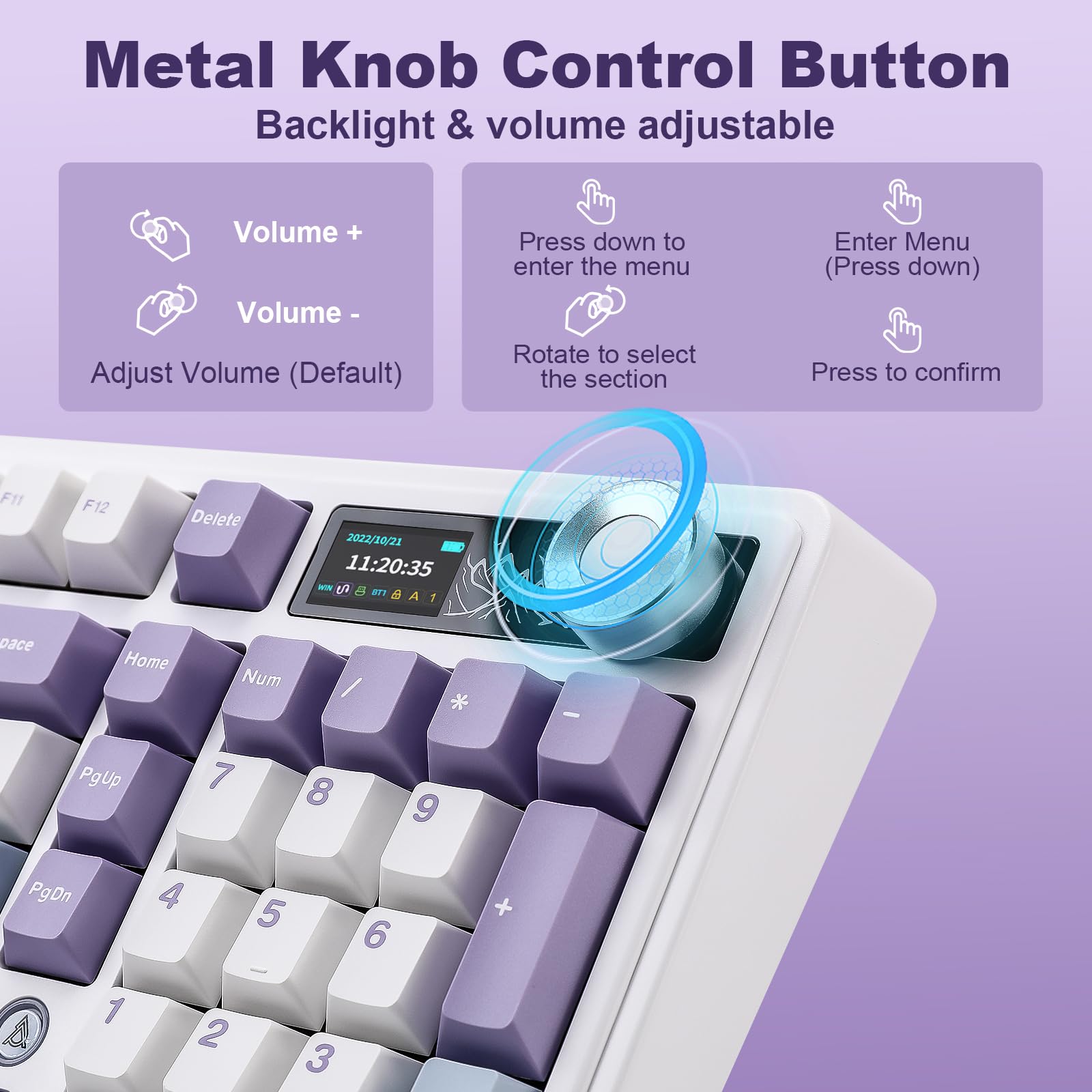 MIKIBY AJAZZ AK980 Mechanical Keyboard with Smart Display & Knob,98% Wireless Keyboard Tri-Mode BT/2.4G/USB-C, Hot Swappable, PBT Keycaps, with RGB Light for Win & Mac(Purple,Murad Switch)