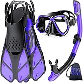 Zenoplige Mask Fins Snorkel Set, Snorkeling Gear for Adults, Panoramic View Snorkel Mask Anti-Fog, Adjustable Dive Flippers, Dry Top Snorkel and Travel Bag, Scuba Gear for Swimming Snorkeling Diving