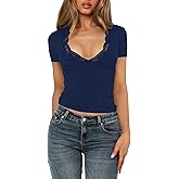 Women's Short Sleeve Sexy Lace V-Neck Summer Going Out 2025 Crop Tops Slim Fit Tees Trendy Y2k Clothing