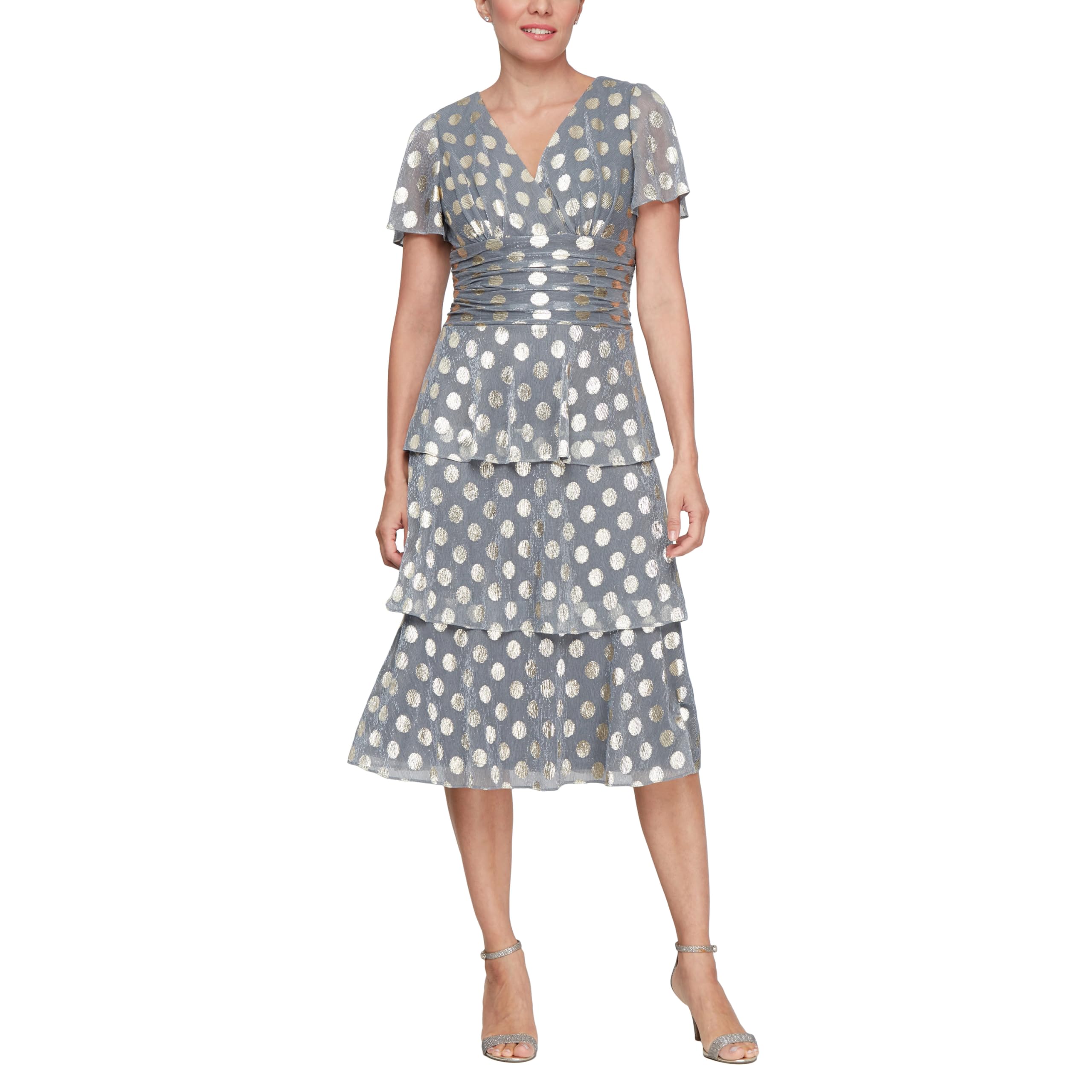 S.L. Fashions Women’s Short Sleeve V-Neck Midi Cocktail Dress W/Ruched Waist, Wedding Guest Gown (Petite and Regular Sizes), Gunmetal, 14P