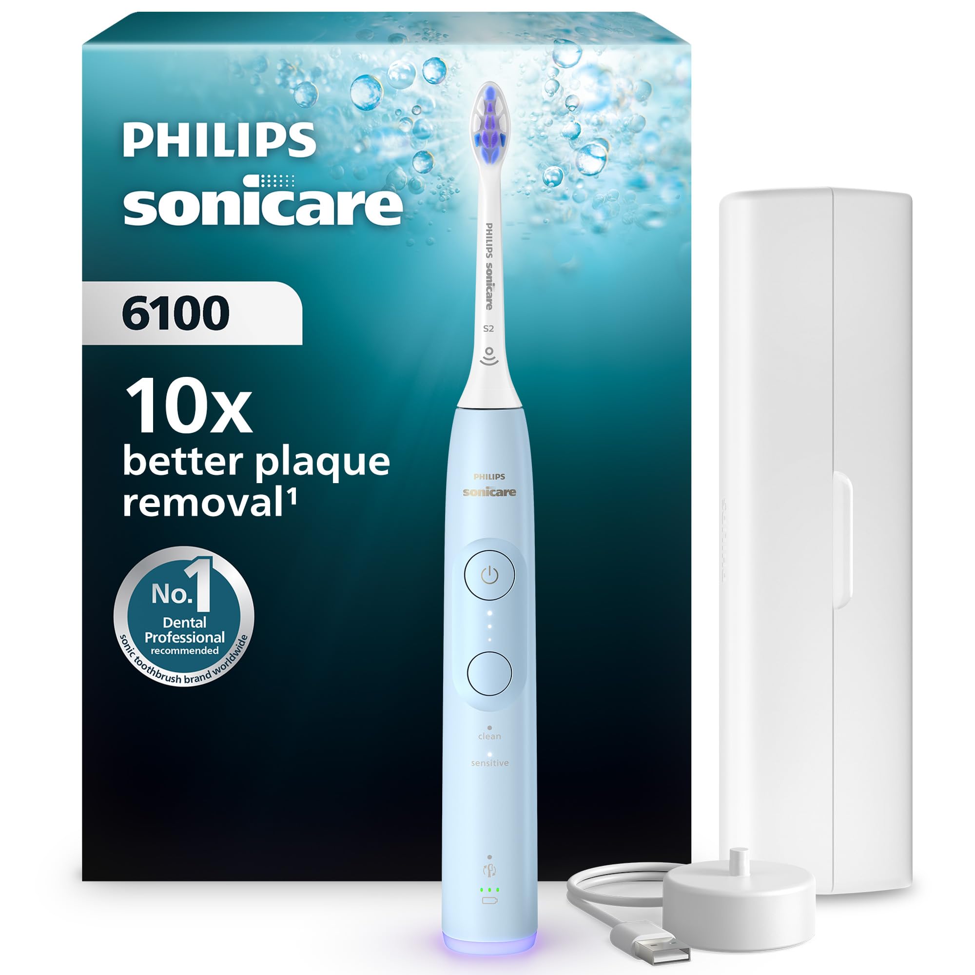 Philips Sonicare 6100 Electric Toothbrush, Sonic Toothbrush with 2 Brushing Modes and 3 Intensity Levels, Pressure Alert, EasyStart, SmarTimer, Light Blue, Model HX7406/02 [New Technology]
