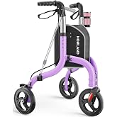 HOMLAND Foldable 3 Wheel Walkers for Seniors, Lightweight 11 lbs | with Cane &amp; Cup Holder, Height Adjustable, 8'' big wheel, Lavender