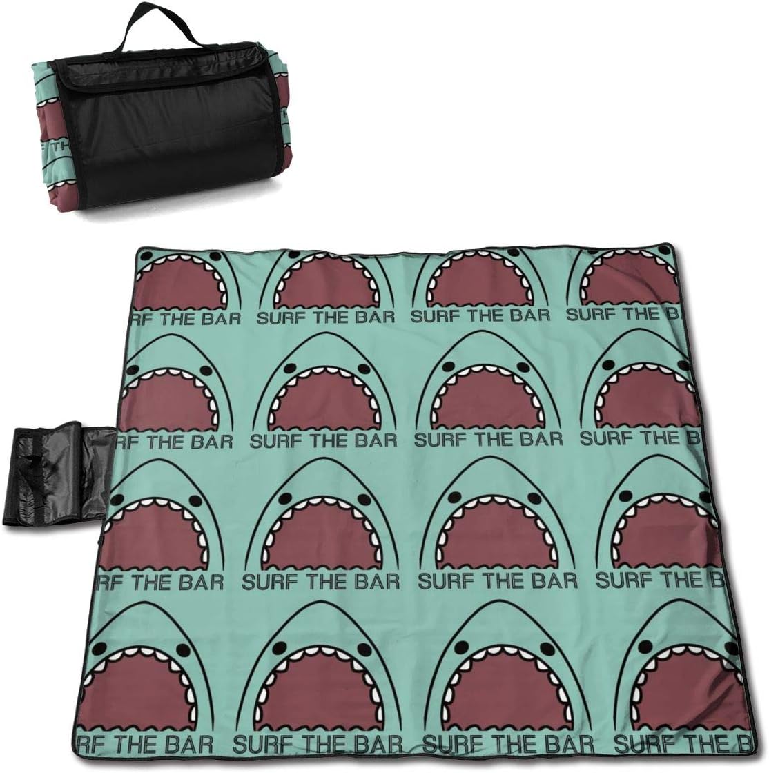 Jinitami Large Waterproof Outdoor Picnic Blanket Blue Funny Shark Surf Bar Sandproof Beach Mat Tote for Camping Hiking Grass Travelling