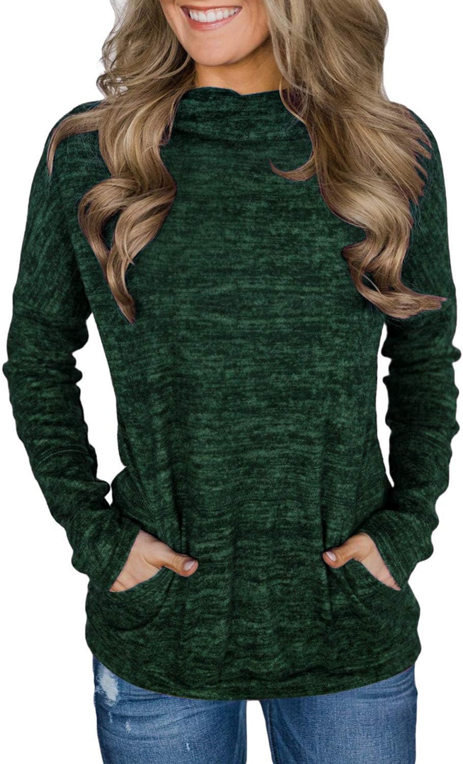 Womens Casual Long Sleeve Cozy High Neck Solid Sweatshirt with Pocket