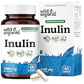 Wild & Organic Inulin Prebiotic Fiber Capsules 1400 mg - Digestive & Gut Support - Chicory Root Inulin Powder Supplement - Vegan, No Fillers, Non-GMO - 60 Count