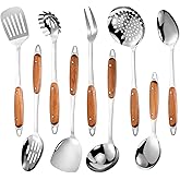 304 Stainless Steel Cooking Utensils Set,9PCS Metal Kitchen Utensils Set with Wooden Handle,Solid Spoon,Spatula,Ladle,Skimmer,Spaghetti Spoon,Dishwasher Safe