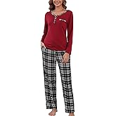 Yukiuiny Womens long Sleeve Pajamas Sets 2 Piece Tops and Plaid Pants PJ Set Loungewear Sleepwear with Pockets