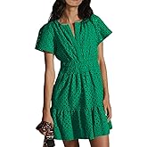 utcoco Lace Eyelet Mini Dress for Women 2025 Casual V Neck Short Sleeve Smocked Waist Tiered Boho Sun Dresses