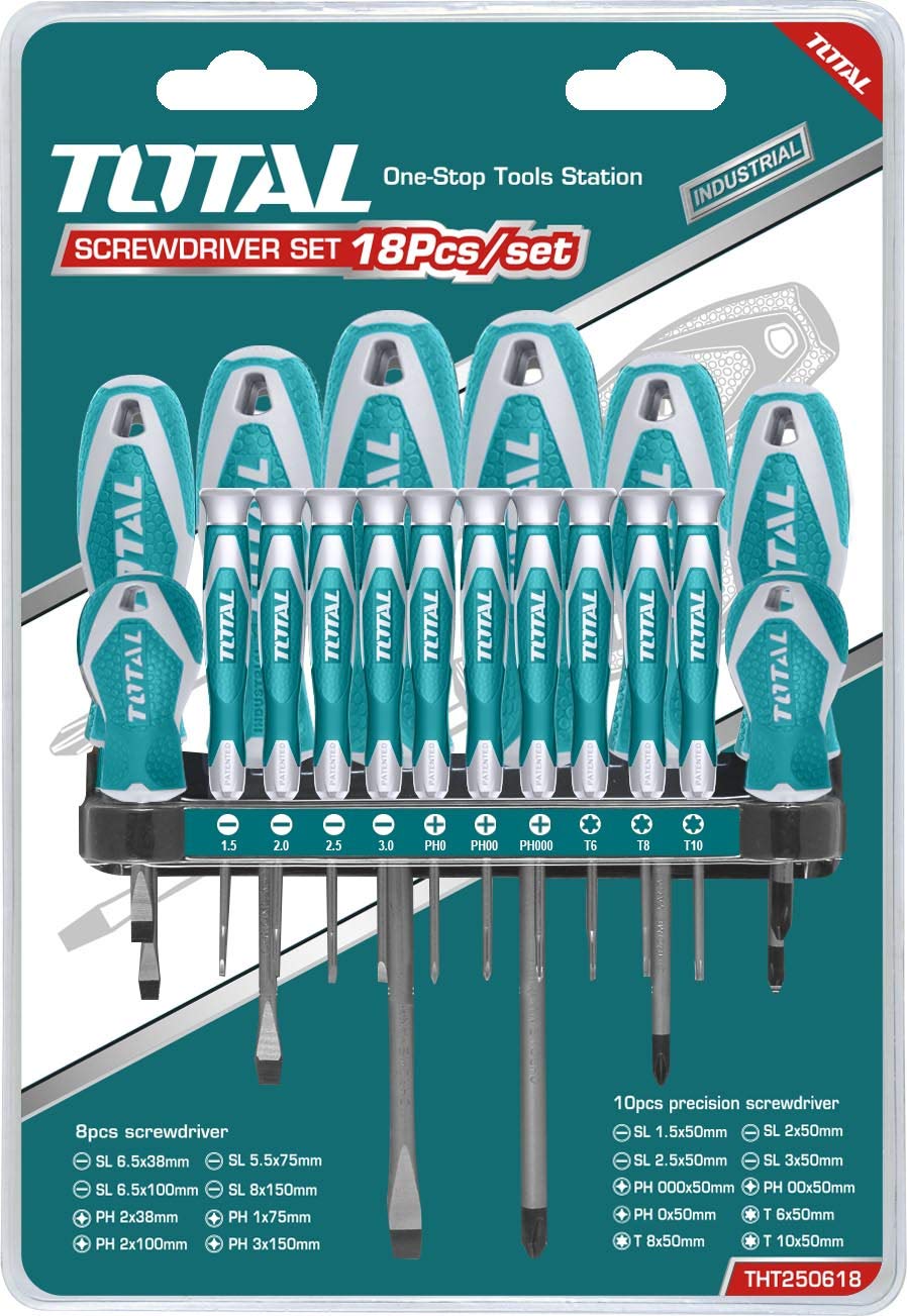 TOTAL - Screwdriver Set - Contains 18 Pieces - Chrome Vanadium - Magnetized tip - Ergonomic Handle - Ideal for Intensive use