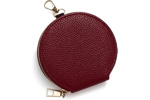 SENCCO Women’s Small Coin Purse, Vintage Zipper Change Purse, Pocket-Sized, Solid Color, Round Coin Bag with Keychain - Red