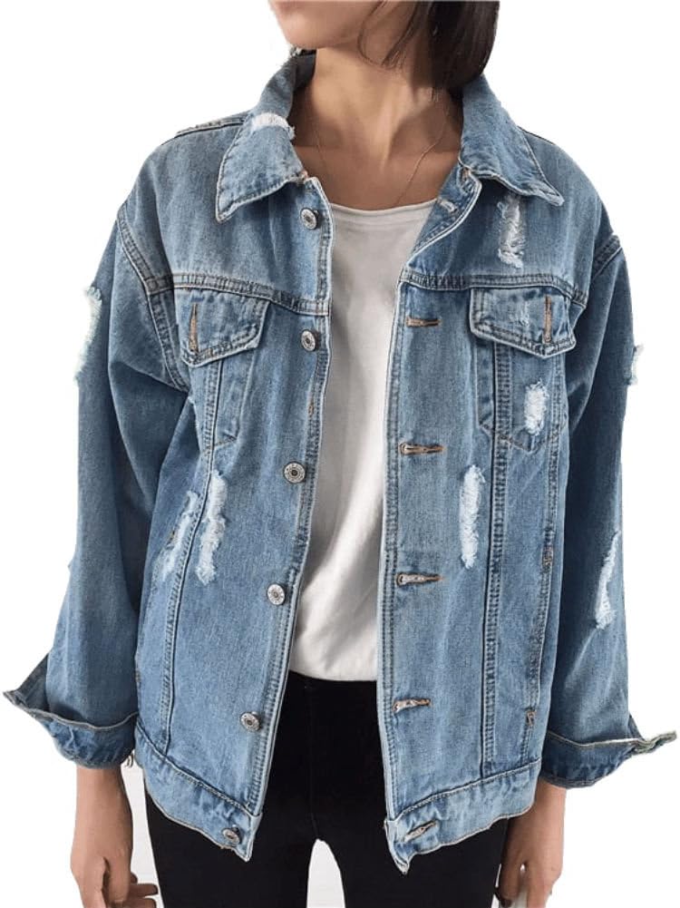 Oversized Denim Jacket for Women Girls Ripped Destoryed Long Sleeve Boyfriend Jean Jacket Loose Coat