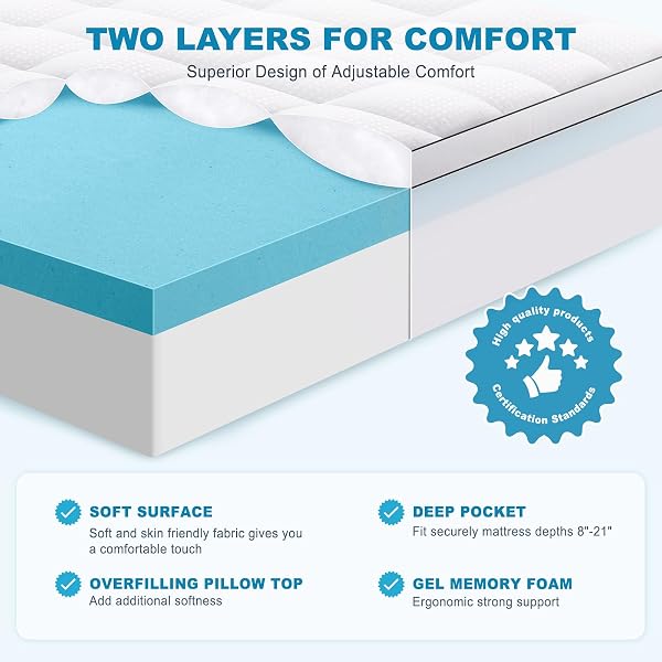 MASVIS QUEEN SIZE DUAL LAYER 4 INCH MEMORY FOAM MATTRESS TOPPER, 2 INCH GEL MEMORY FOAM AND 2 INCH COOLING PILLOW TOP MATTRESS PAD COVER FOR BACK PAIN, MEDIUM SUPPORT
