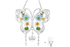LARAINE Butterfly Suncatcher with Pressed Flower Wings Mom Mother's Day Butterfly Glass Wind Chime Ornament Charm with Metal Heart Gifts for Mom Grandma Aunt Birthday (Grandma, Blue)