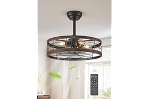 LEDIARY 20 inch Fandelier Caged Ceiling Fan with Light, Bladeless Ceiling Fan with Remote, Farmhouse Fan Lights Ceiling Fixtures for Kitchen, Bedroom, Outdoor(6 Speed, Timing) - Walnut