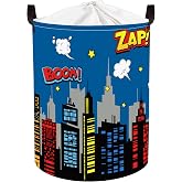 Clastyle 45L Large Blue City Hero Skyline Kid Laundry Hamper with Handle Comic Hero Building Silhouettes Clothes Toy Boys Basket with Lid for Nursery