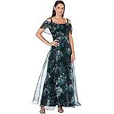 R&M Richards Women's Floral Long Maxi Dress | Sheer Organza Capelet Cold Shoulder Gown| Evening Wedding Guest Cocktail Party