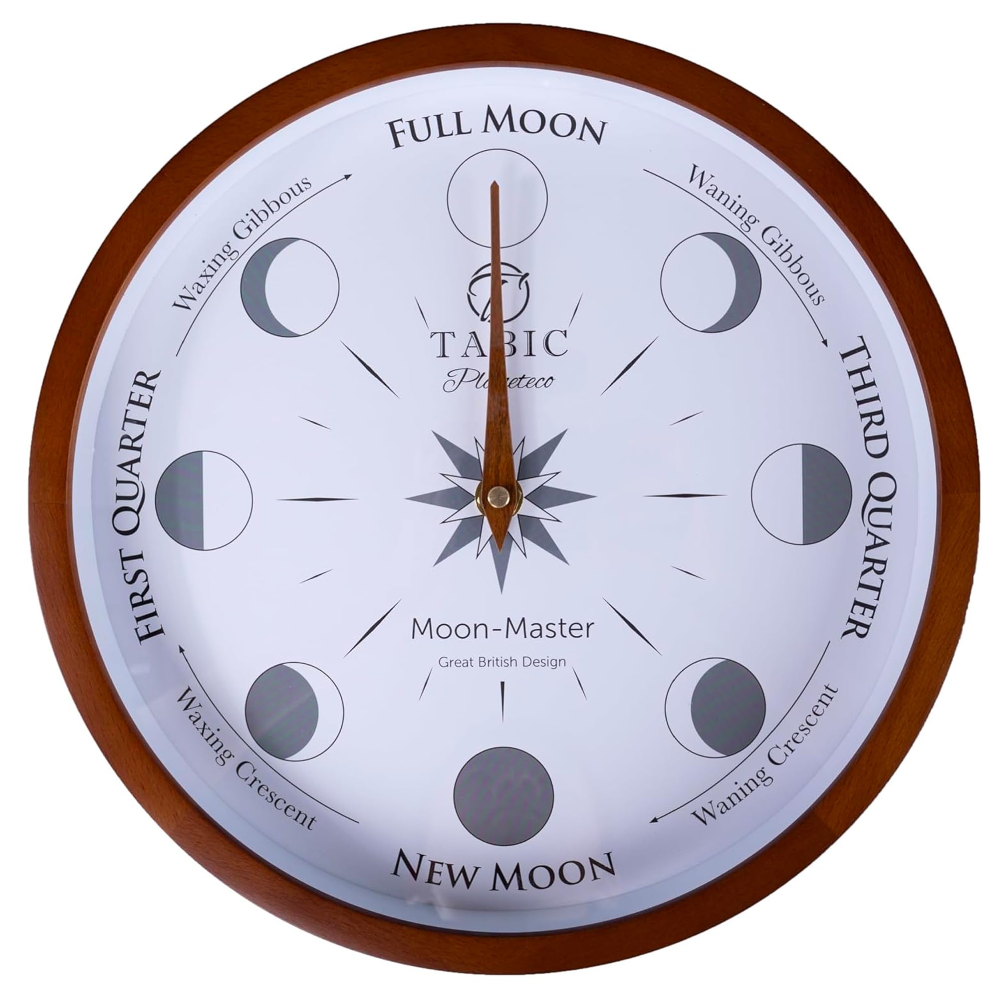 Tabic Planeteco Moon Master - Precision Lunar Phase Wall Clock - Accurate Moon Tracking & Easy-to-Read Dial for Lunar Cycle - Stylish Round Moon Phase Clock - Contemporary Home Decor - Dark Stain