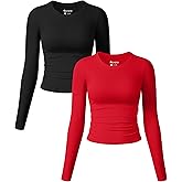 OQQ Womens 2 Piece Shirts Long Sleeve Crew Neck Ruched Stretch Basic Fitted Tee Shirts Tops