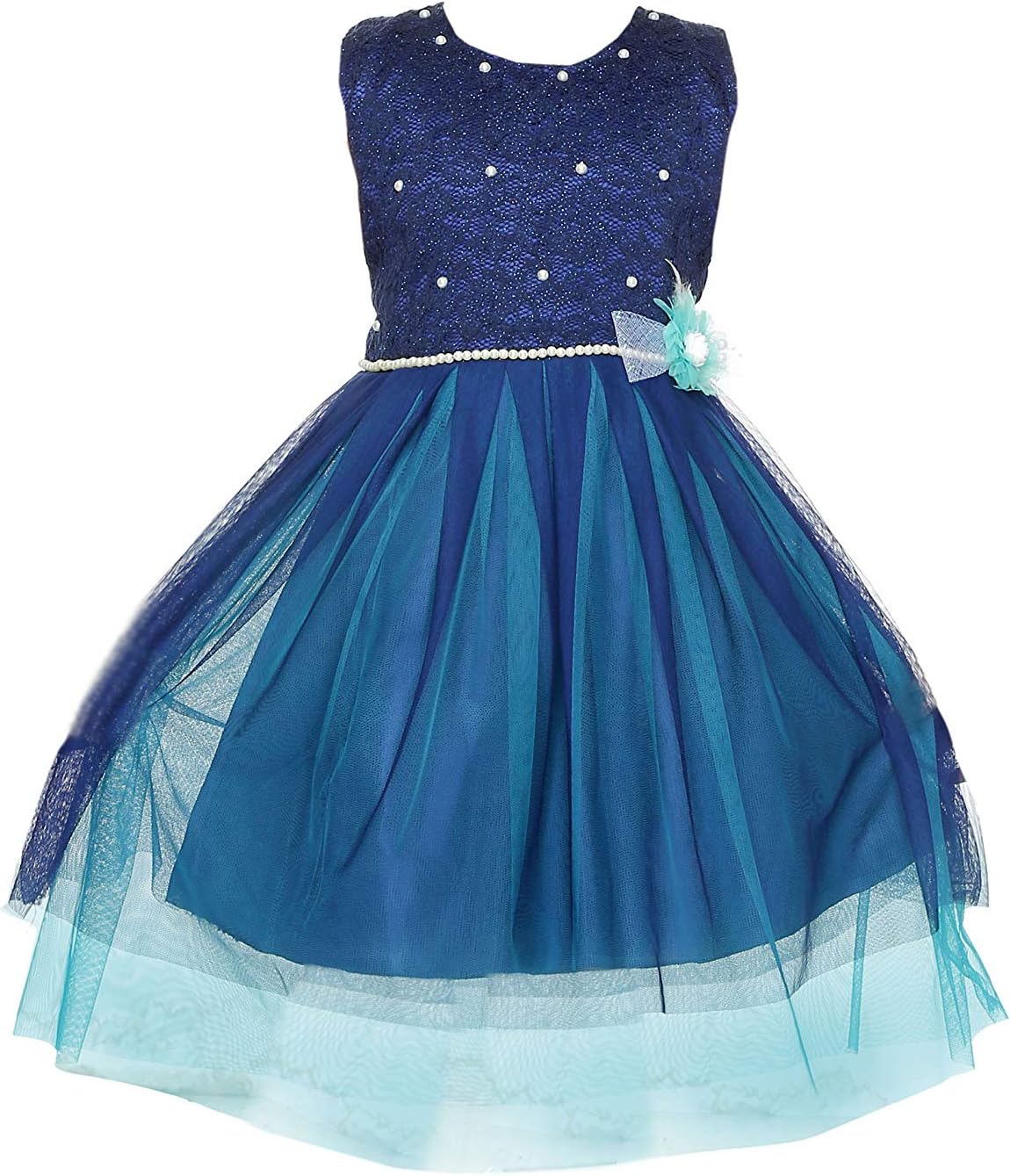 YAYAVAR Girls Net Made Navy Blue & Green Colored Designer Frock for Girls - Set of 01 from 02-10 Years