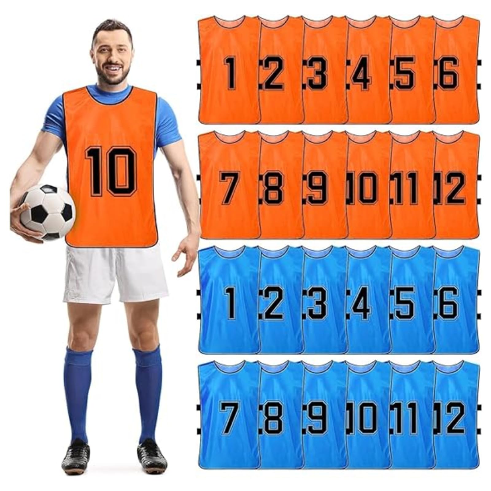 24 Pcs Scrimmage Training Vest - Soccer, Basketball, Football Bibs/Pinnies, Reversible Numbered Team Sports Pinnies Jerseys (Blue & Orange)