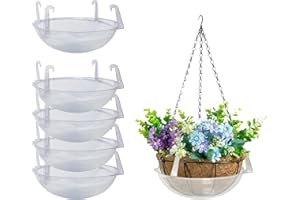 CURTIS WAGNER PLASTICS CORP. Curtis Wagner Plastics Wire Coco Hanging Basket Drip Pans (5-Pack) | Clear, Round (12” - 14" Top, 3.75" Depth) Hanging Plant Tray Saucer with Built-in Hooks & Water Catcher for Indoor & Outdoor