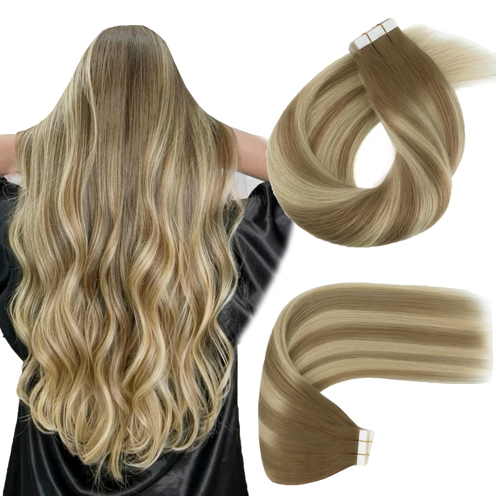 ABH AMAZINGBEAUTY HAIR Tape in Hair Extensions Ombre Ash Brown Highlighted Light Blonde Hair Extensions Real Human Hair Tape in #TP8-22-8 Invisible Tape in Hair Extensions Human Hair 50g 20pcs 14 Inch — image 1