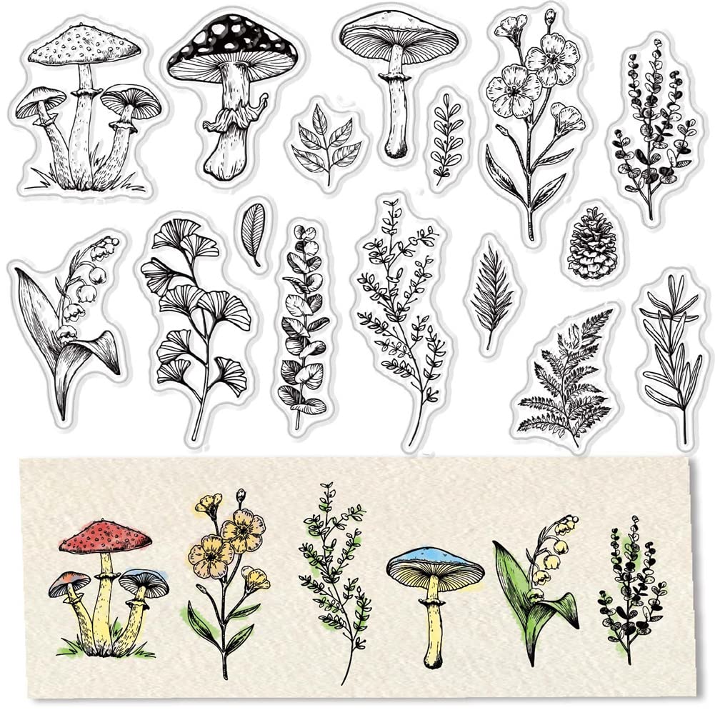 CRASPIRE Spring Plants Mushroom Clear Stamps for Card Making Decoration Scrapbooking Supplies Pine Cones Stamps Flower Lily Ginkgo Leaves Transparent Rubber Stamps for Paper Photo Album Crafting Decor
