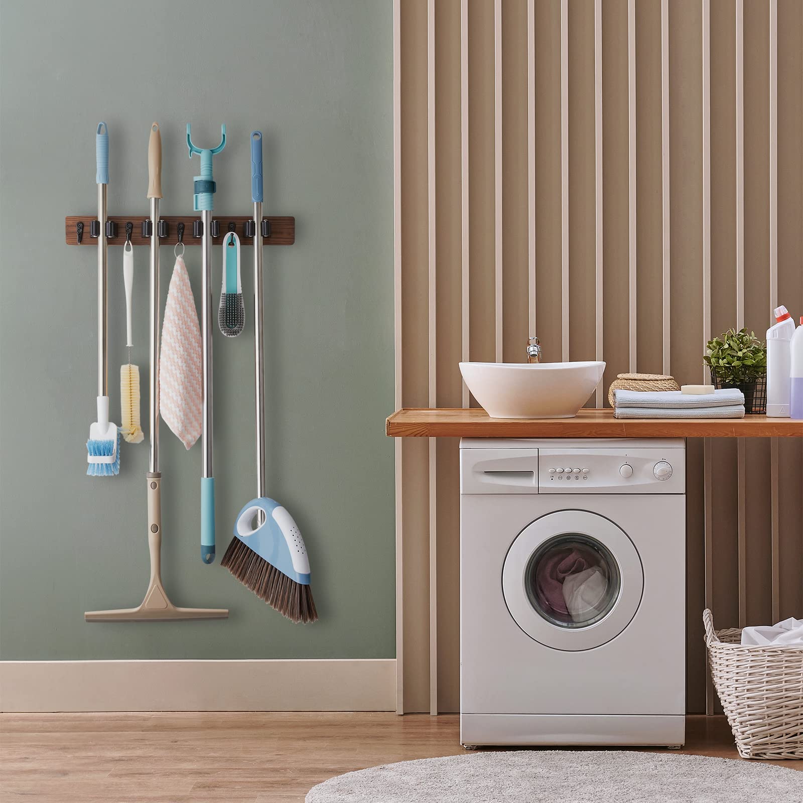 Mua OUTNILI Mop and Broom Holder Wall Mount - Rustic Wood Broom Mop ...