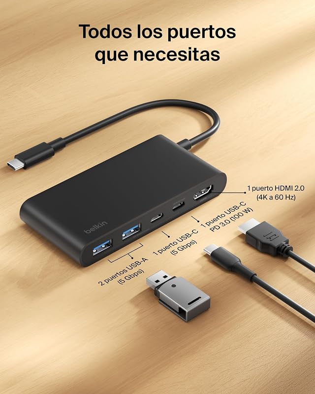 Hub USB C de 5 portas com 1 HDMI 4K a 60 Hz, entrega de energia a 100W, transferências de 5 Gbps, adaptador USB C multiporta, MacBook, iPad Pro, Chromebook e outros, HDMI 2.0 - Preto