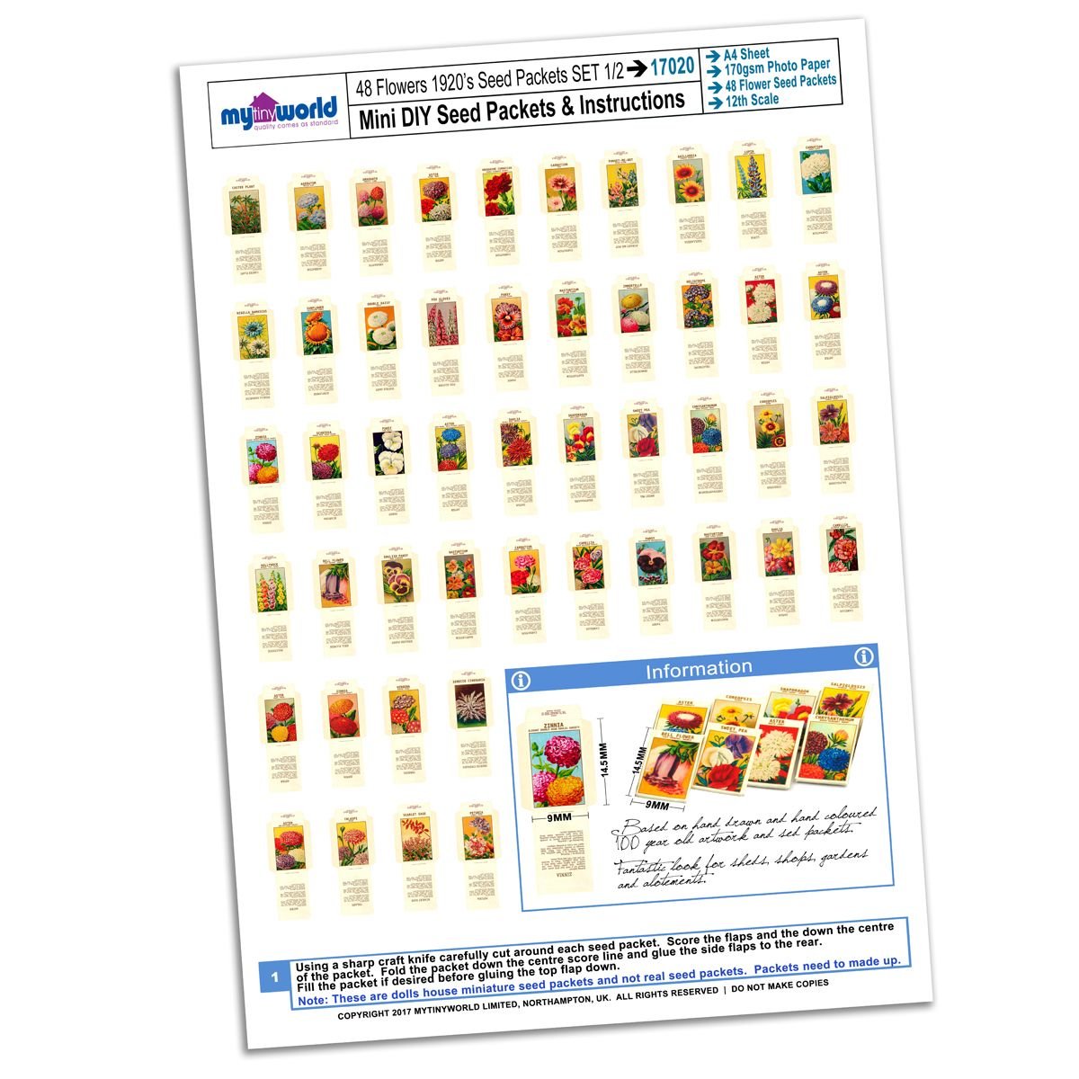 MyTinyWorld Dolls House Miniature Flower Seed Packet Set 1 A4 Value Sheet