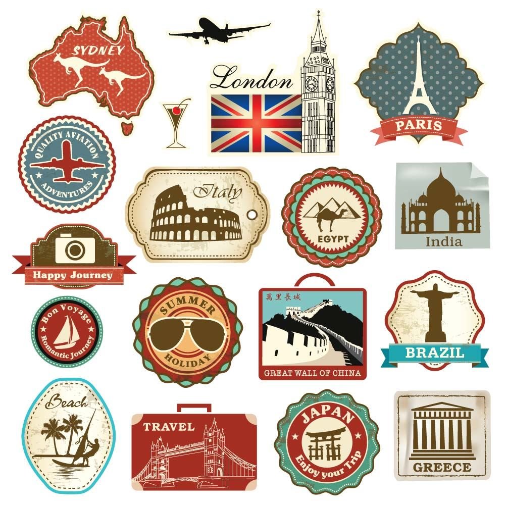 Retro Vintage Travel Suitcase Stickers Set of 18 Luggage