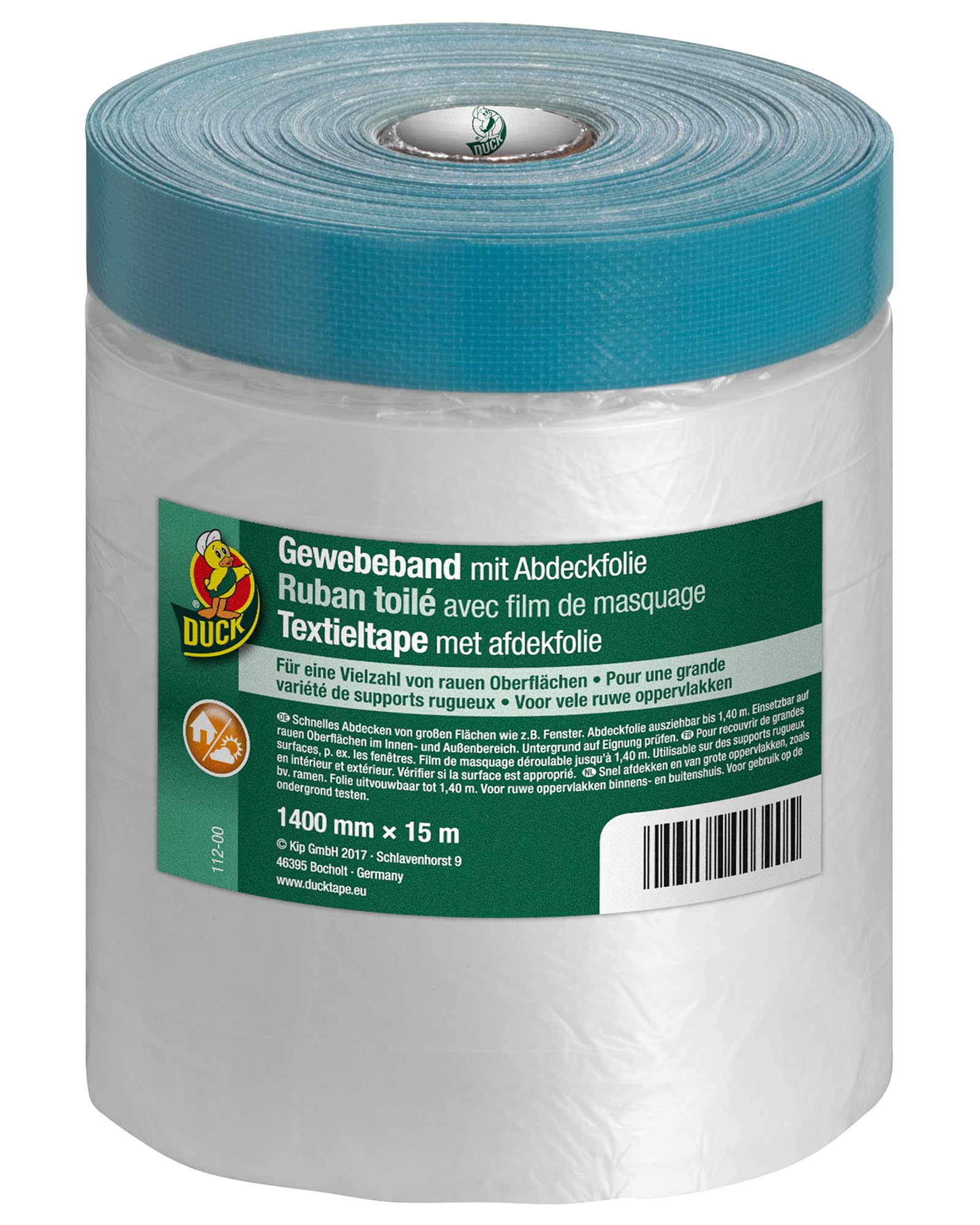 DUCK Pre-Taped Masking Film 112-00 - Masking Film with Reinforced Fabric-Backing Tape for Indoor and Outdoor Use - for Painting and Varnishing - 1400 mm x 15 m