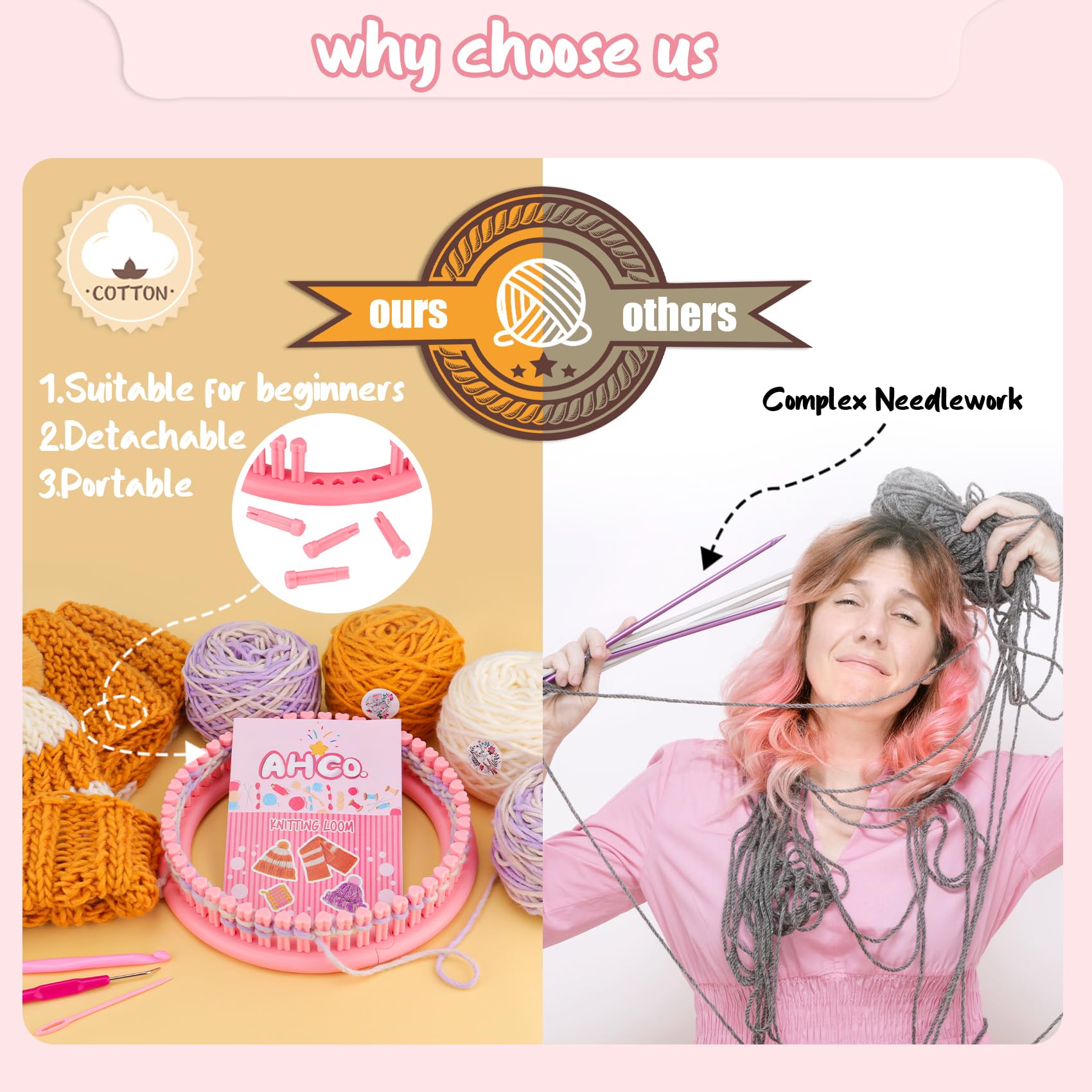 AHCo. Knitting Loom Kit for Beginners, Creative Craft Toy for Girls Ages 7 8 9 10 11 12 with Storage Bags Yarns Knitting Tools, Fantastic DIY Gifts Knit Hat Scarf Coaster (Pink)