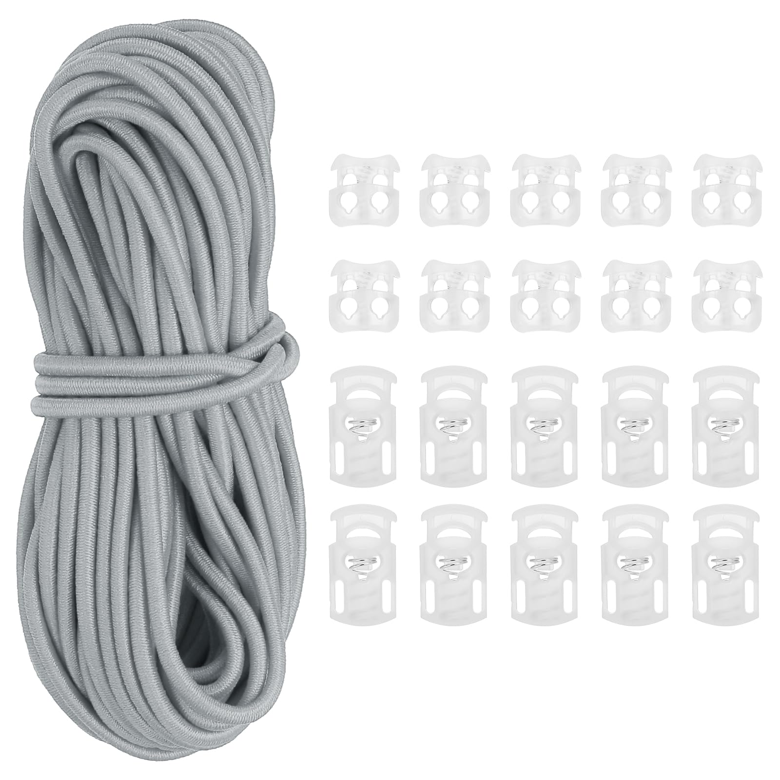 PATIKIL 16 Yard Elastic Bungee Cord & 10pcs Single Hole Cord Lock & 10pcs Double Hole Spring Toggle Stopper for Paracord Drawstring Shoelace Clothing Backpack Bags, Light Gray