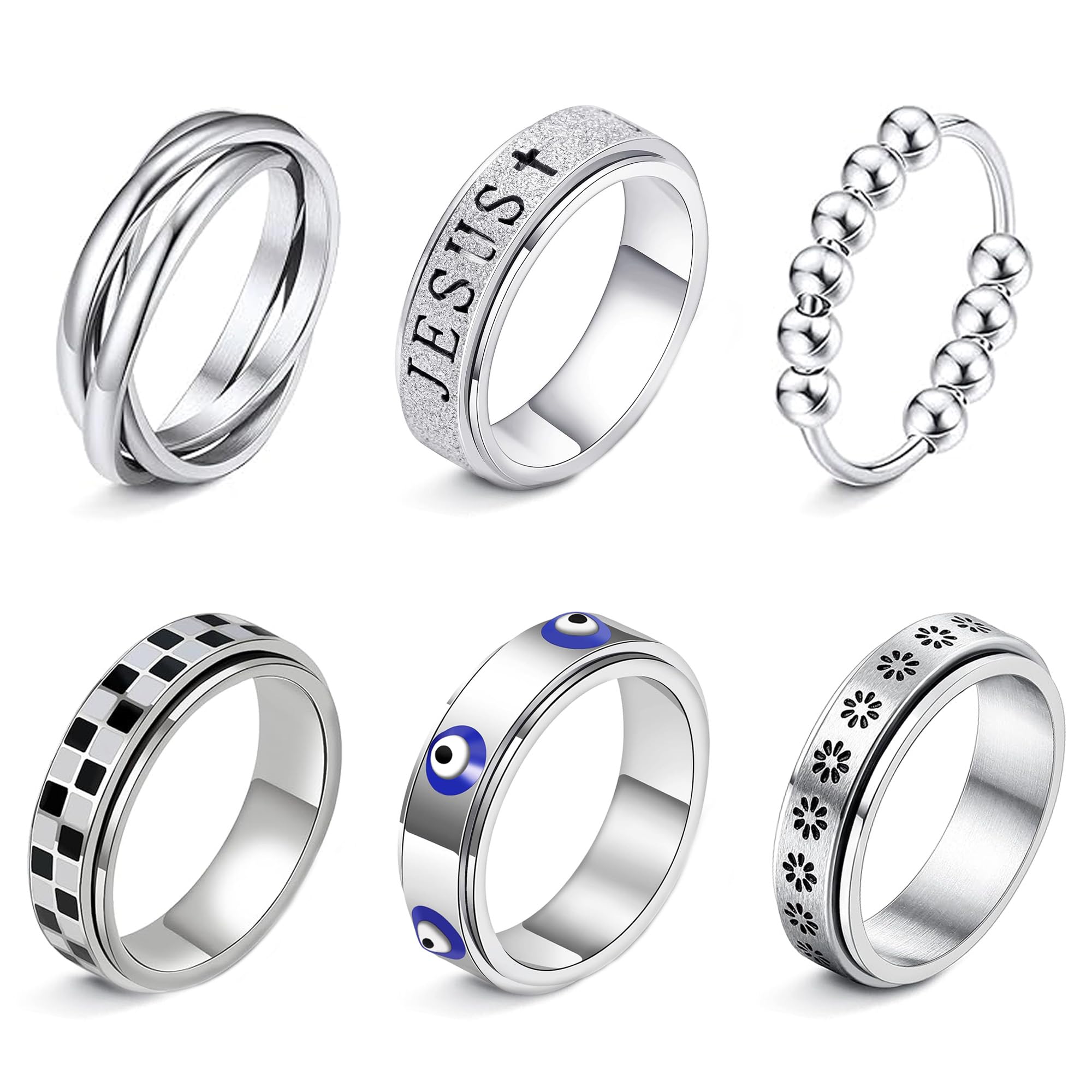 LOFITOR Fidget Rings for Anxiety 6pcs Stainless Steel Spinner Ring Anti Anxiety Ring Spinning Moon Star Cool Stress Relieveing CZ Rings for Women Men Band Rings Set CZ Silver
