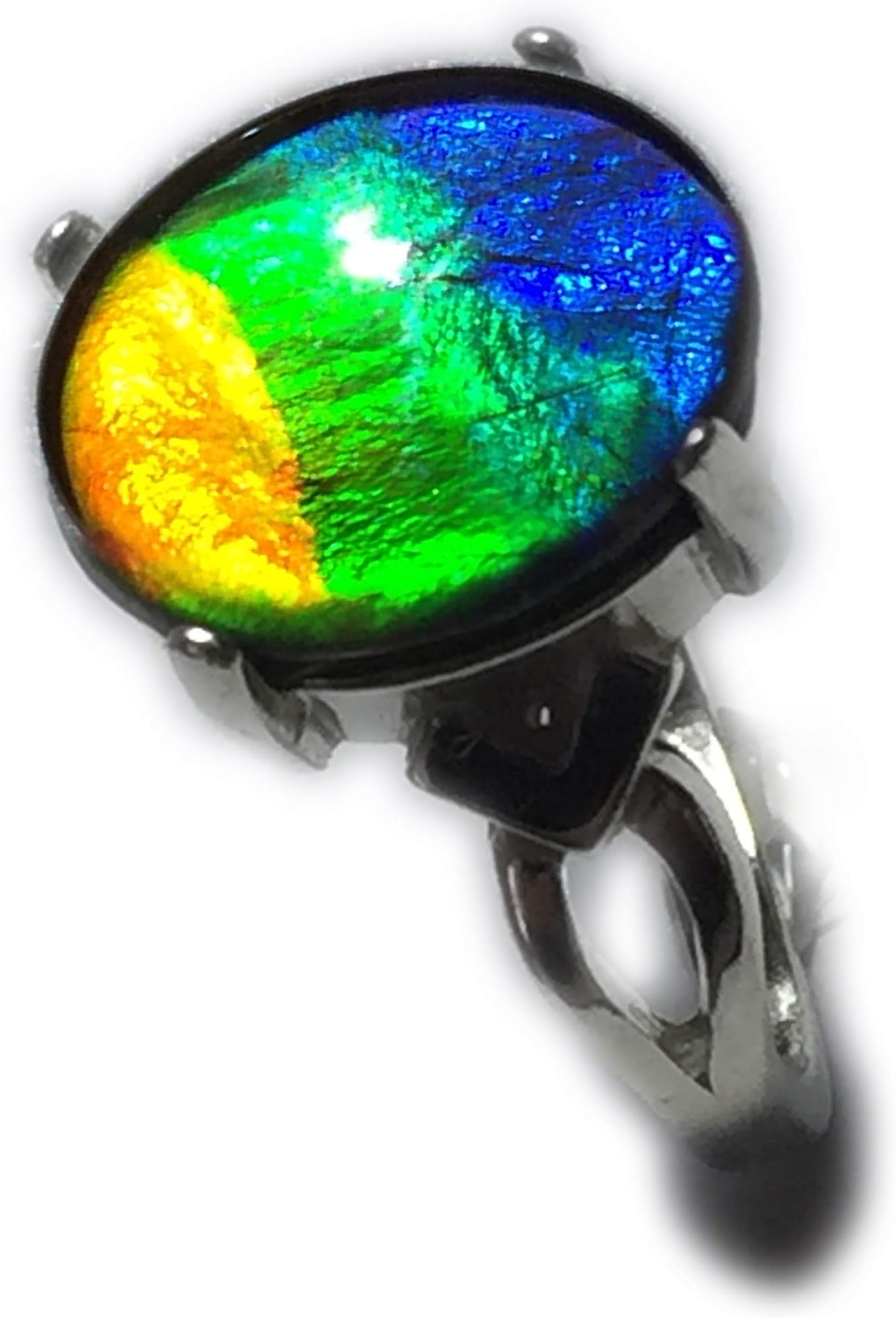 Rocks2Rings Ammolite Ring Solitaire 925 Sterling Silver Setting, 12 x 10 mm Genuine Ammolite Jewelry, Ring Size 5,6 7, or 8, Elegant Gift Box S7-45 ZP