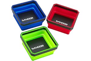 SANDOR Collapsible Magnetic Parts Tray Set - (Pack of 3) Tool Trays for Screw, Bolts, Nuts, Washers, Pins and Other Small Metal Parts - 4.25 Inch Square - Red, Blue, and Green
