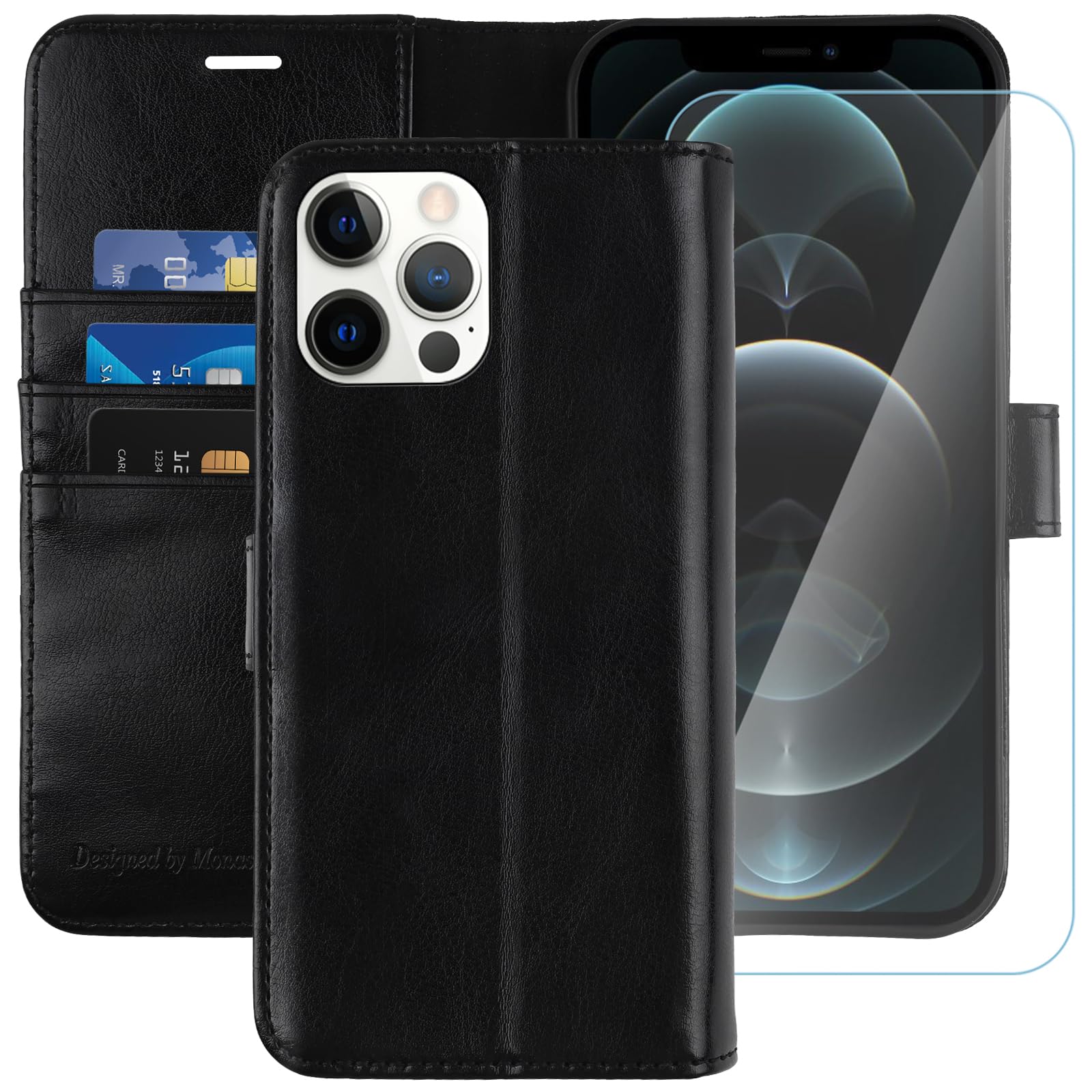 MONASAY iPhone 11 Pro Wallet Case,5.8-inch, [Glass Screen Protector Included][RFID Blocking] Flip Folio Leather Cell Phone Cover with Credit Card Holder for iPhone 11 pro,Black