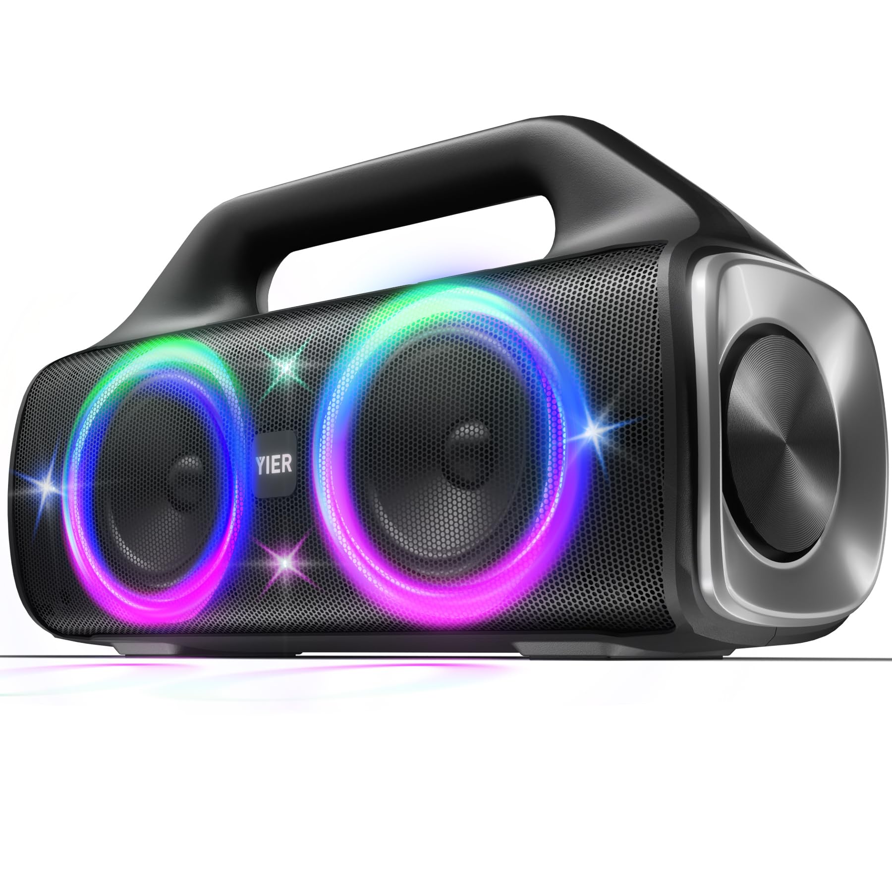 Photo 1 of YIER Speakers, 80w (Peak) Portable Wireless Speaker with Lights, Stereo Loud Sound, IP67 Waterproof, Deep Bass Outdoor Speakers Bluetooth 5.0 Dual Pairing for Home Party Beach Camping, Gifts