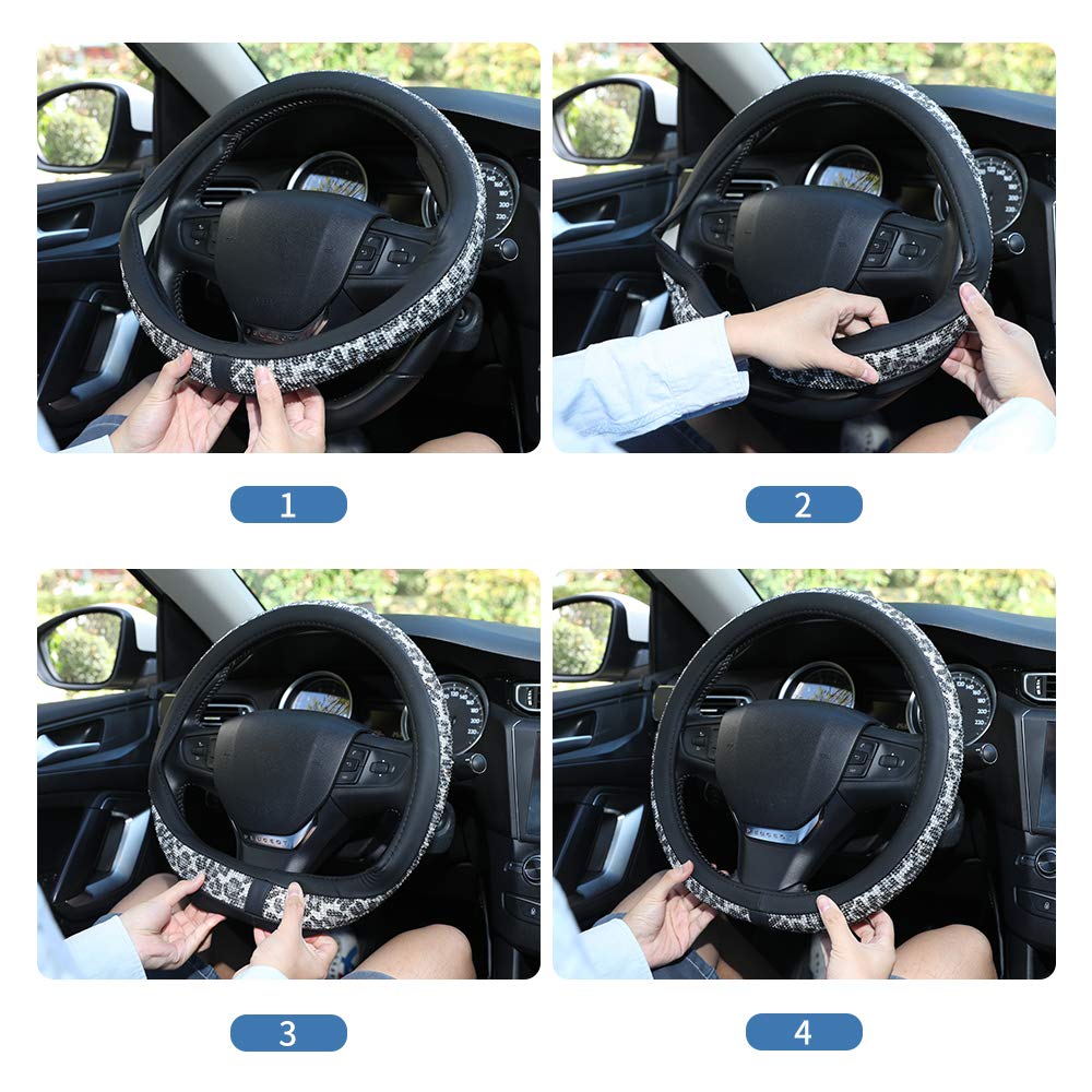 QUEES Diamond Leather Steering Wheel Cover with Bling Crystal Rhinestones Universal Fit 15 Inch Anti-Slip Wheel Protector for Women Girls