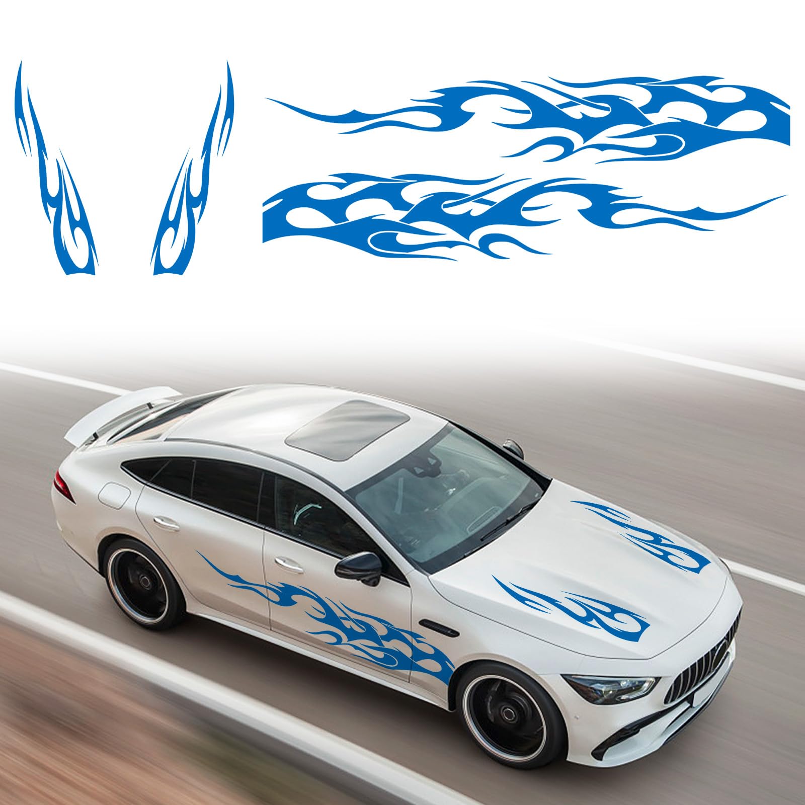 Photo 1 of RUIANTE 4PCS Universal Racing Body Side Stripe Skirt Decals, Auto Hood & Sides Door Decoration Flame Pattern Graphics Vinyl Sticker for Cars, SUVs, Sedan (Blue)