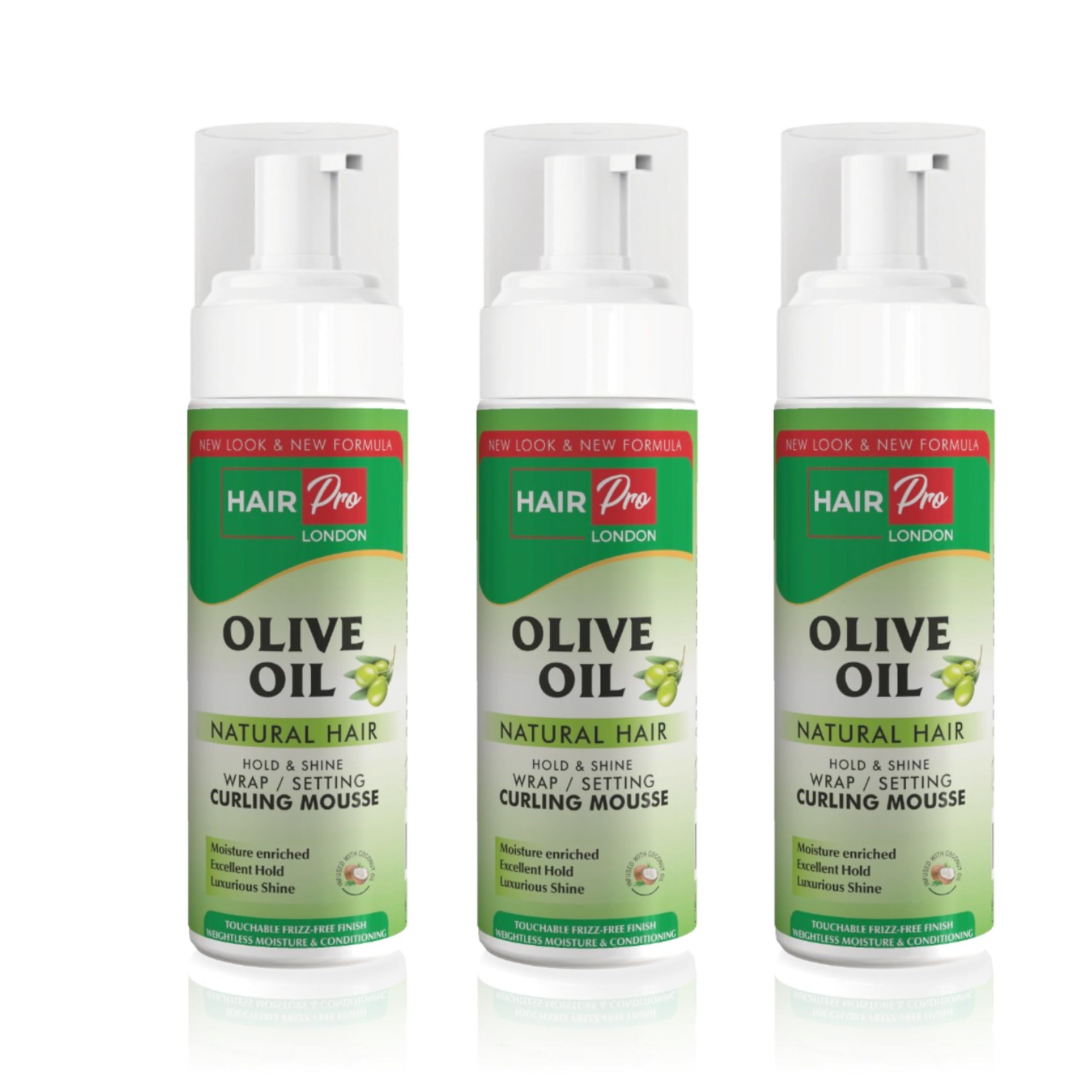 HAIRPRO OLIVE OIL HOLD & SHINE WRAP SET MOUSSE INFUSED WITH COCONUT OIL 3 x 207ml