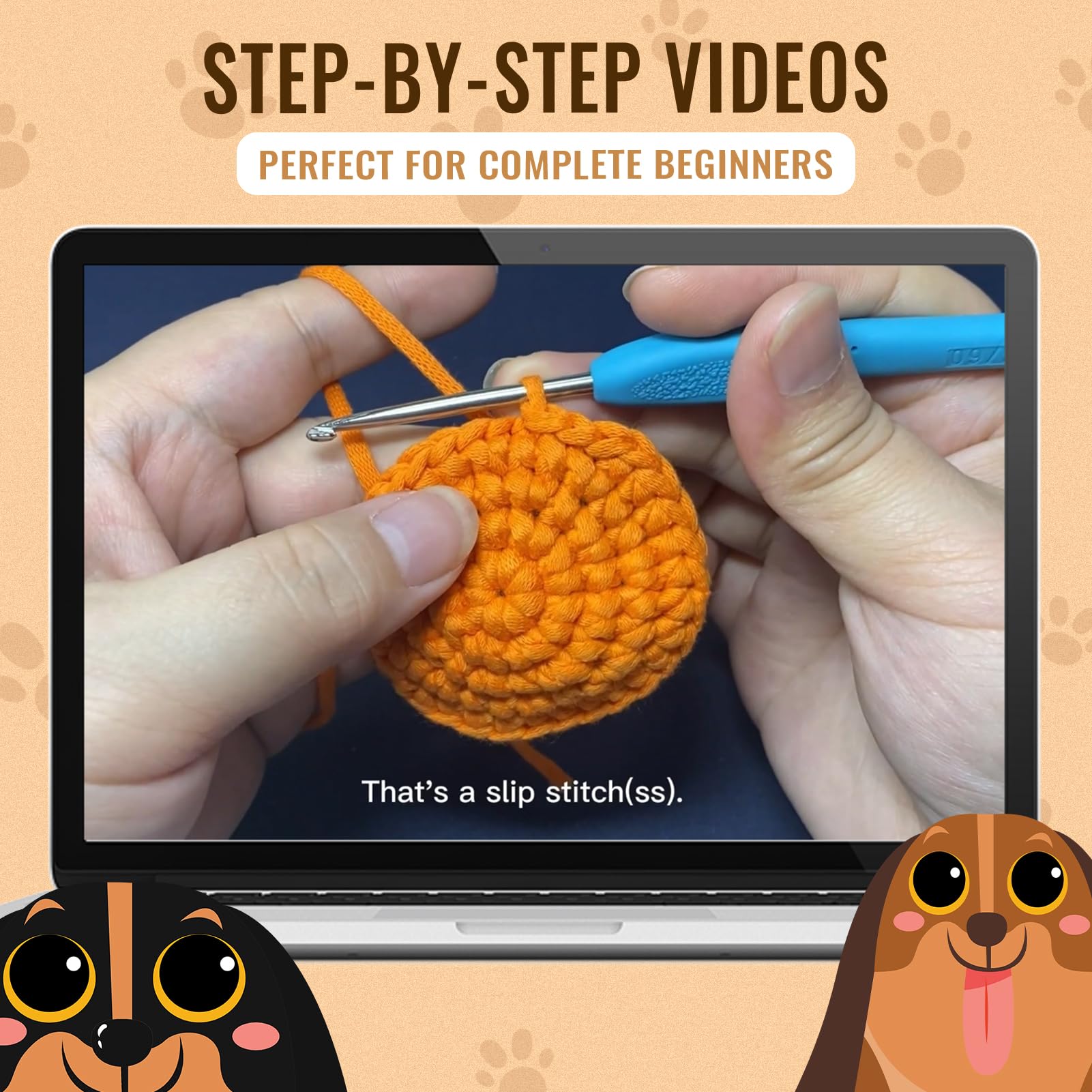 Nikolle Crochet Kit for Beginners with Step-by-Step Video Tutorials Crochet Animal Kit Crochet Starter Kits for Adults Kids - Dachshund(Brown)