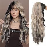 Dai Cloud Black Blonde Long Curly Wavy Wig for Women with Bangs Black Mix Blonde Highlight Natural Heat Resistant Wigs Halloween Daily Party Hair Wig
