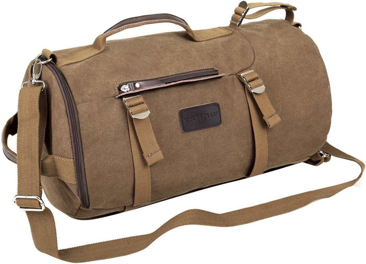 Eshow Men's Canvas Backpack Shoulder Handbag Retro Weekend Overnight Outdoor Hiking Camping Cylinder Bag Travel Duffel Bag