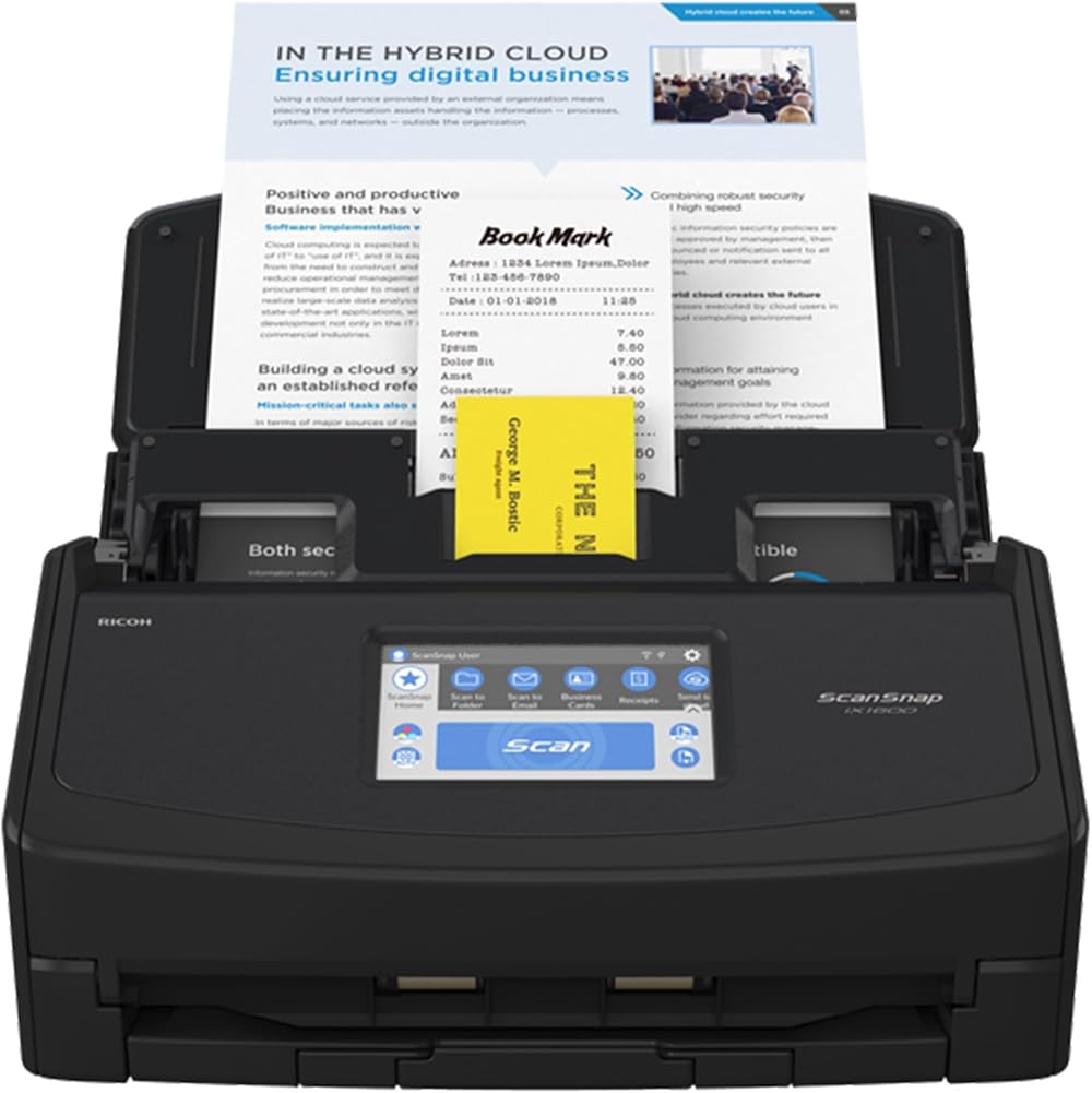 ScanSnap iX1600 Black Document Scanner WiFi 5GHz Touchscreen USB 3.2 ADF
