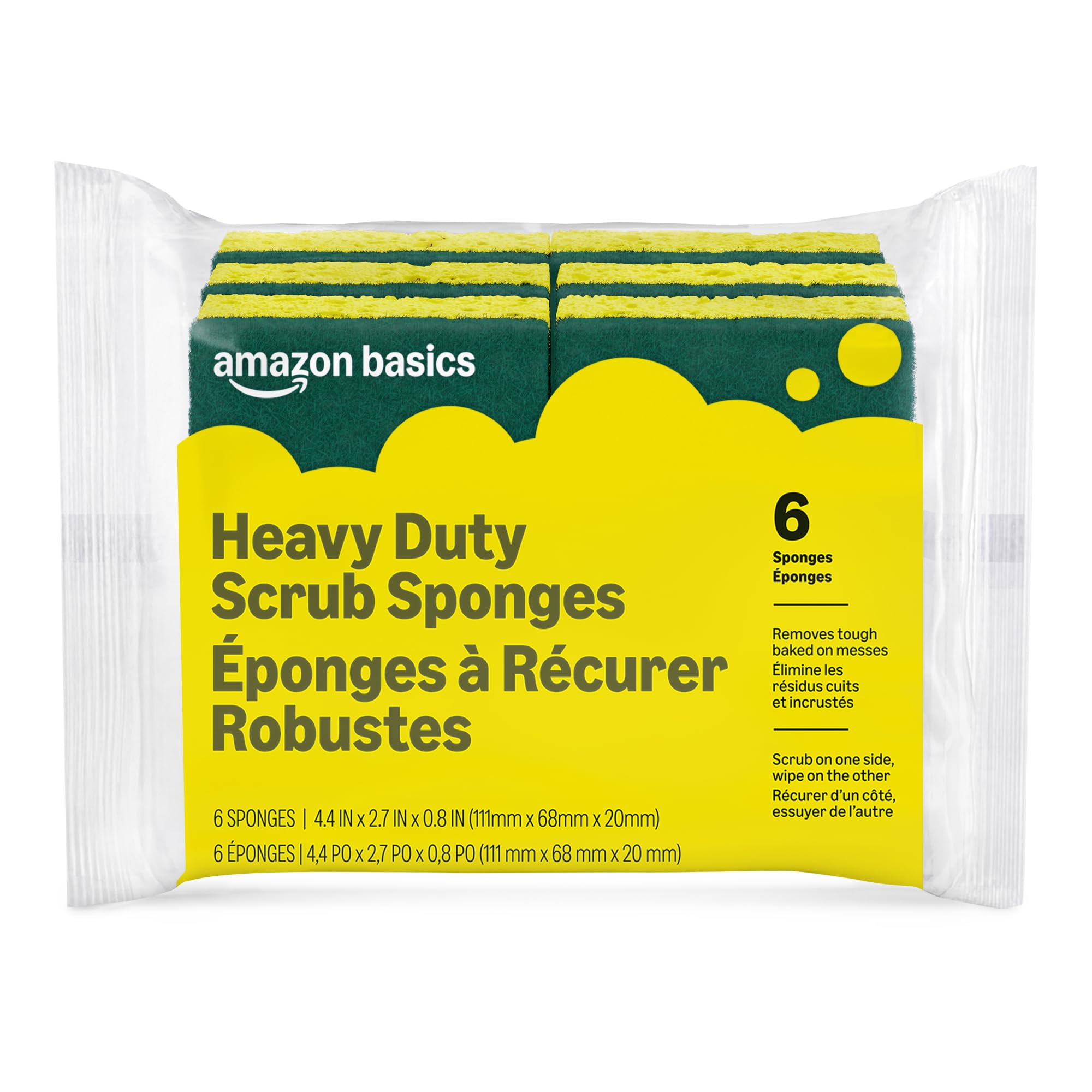 Amazon Basics Heavy Duty Dual-Sided Scrub Sponges, Reusable, 4.4 x 2.7 x 0.8 in, Yellow/Green, 6-Pack