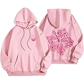 Lubpow Womens Cute Pink Flower Hoodie Aesthetic Preppy Hawaiian Hibiscus Sweatshirt Casual Puff Graphic Hoodies Pullover Tops