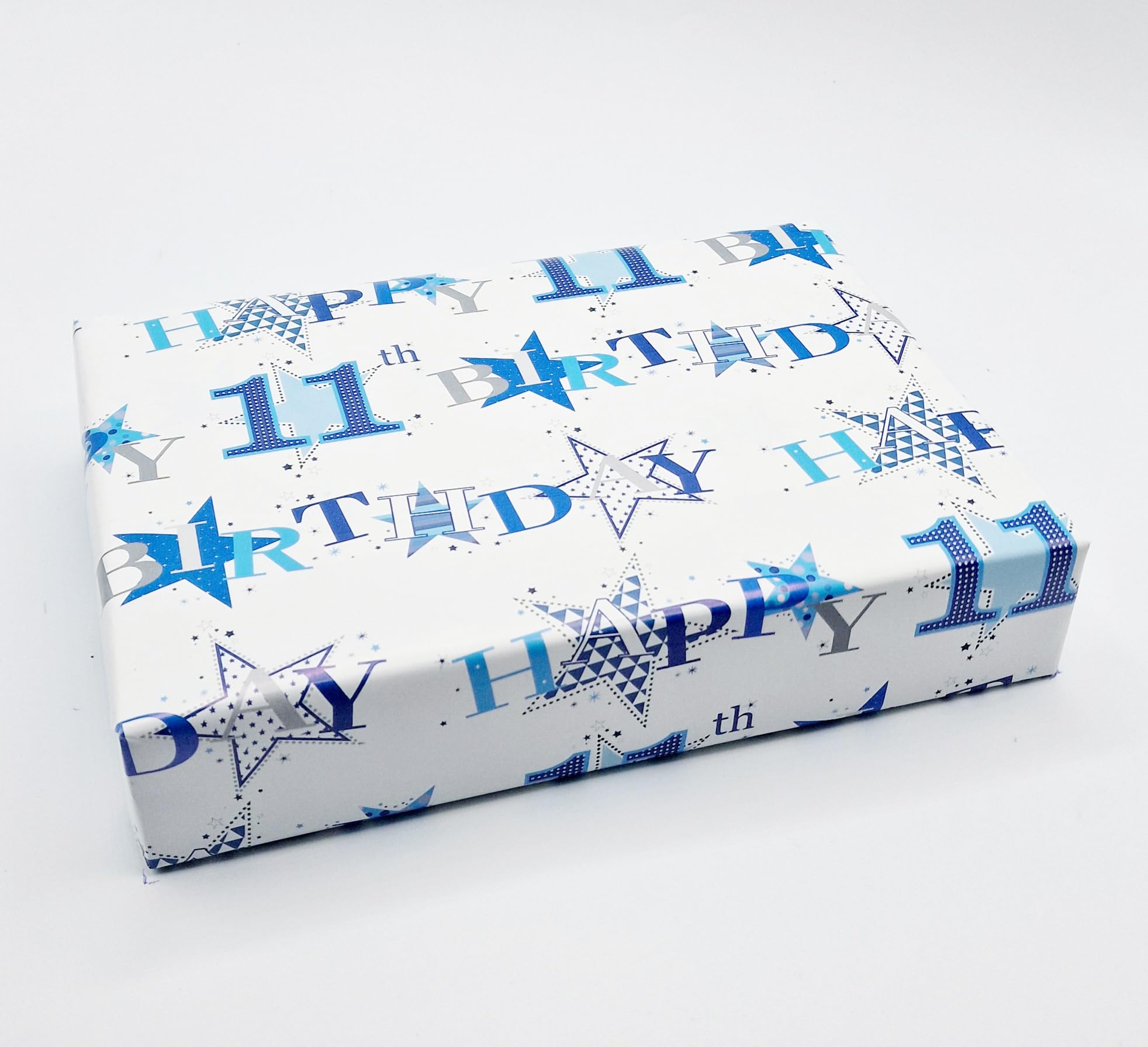 Party Angels 4 Sheets 4 Tags Star Design 11th Birthday Blue Boy Wrapping Paper Age 11 Birthday Gift Wrap Paper Boy Male (PA)