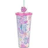 Silver Buffalo Disney Lilo and Stitch Tropical Plastic Cold Cup with Lid and Straw Topper Featuring Stitch and Angel, 24 Ounces